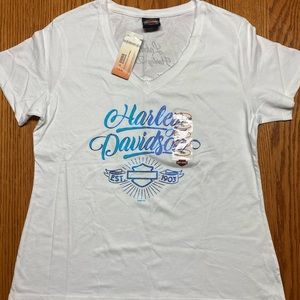 Harley Davidson white T-shirt with foil outline writing. NWT